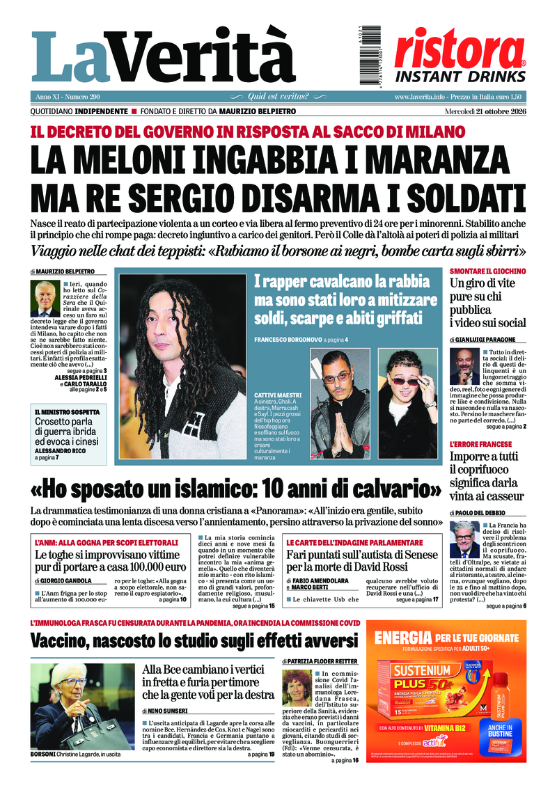 La prima pagina de La Verità di mercoledì 21 ottobre 2026