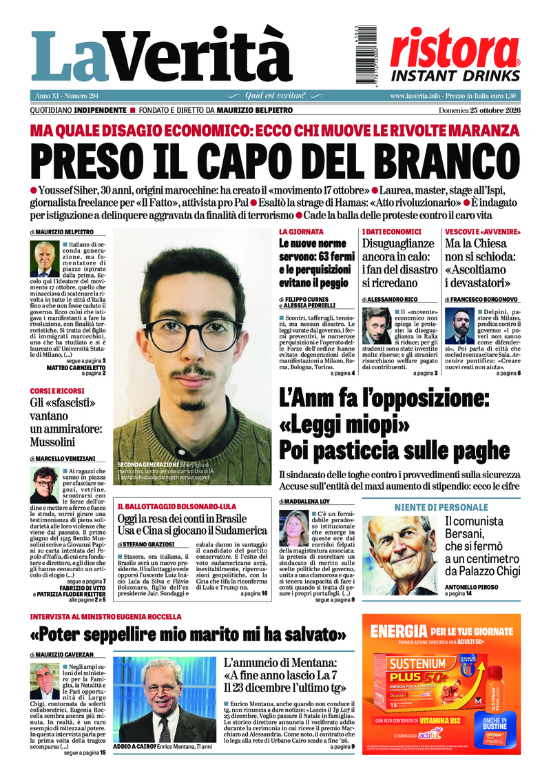 La prima pagina de La Verità di domenica 25 ottobre 2026
