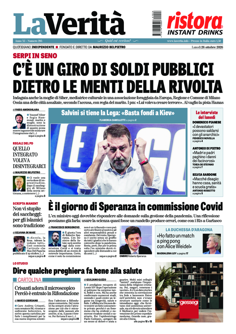 La prima pagina de La Verità di lunedì 26 ottobre 2026
