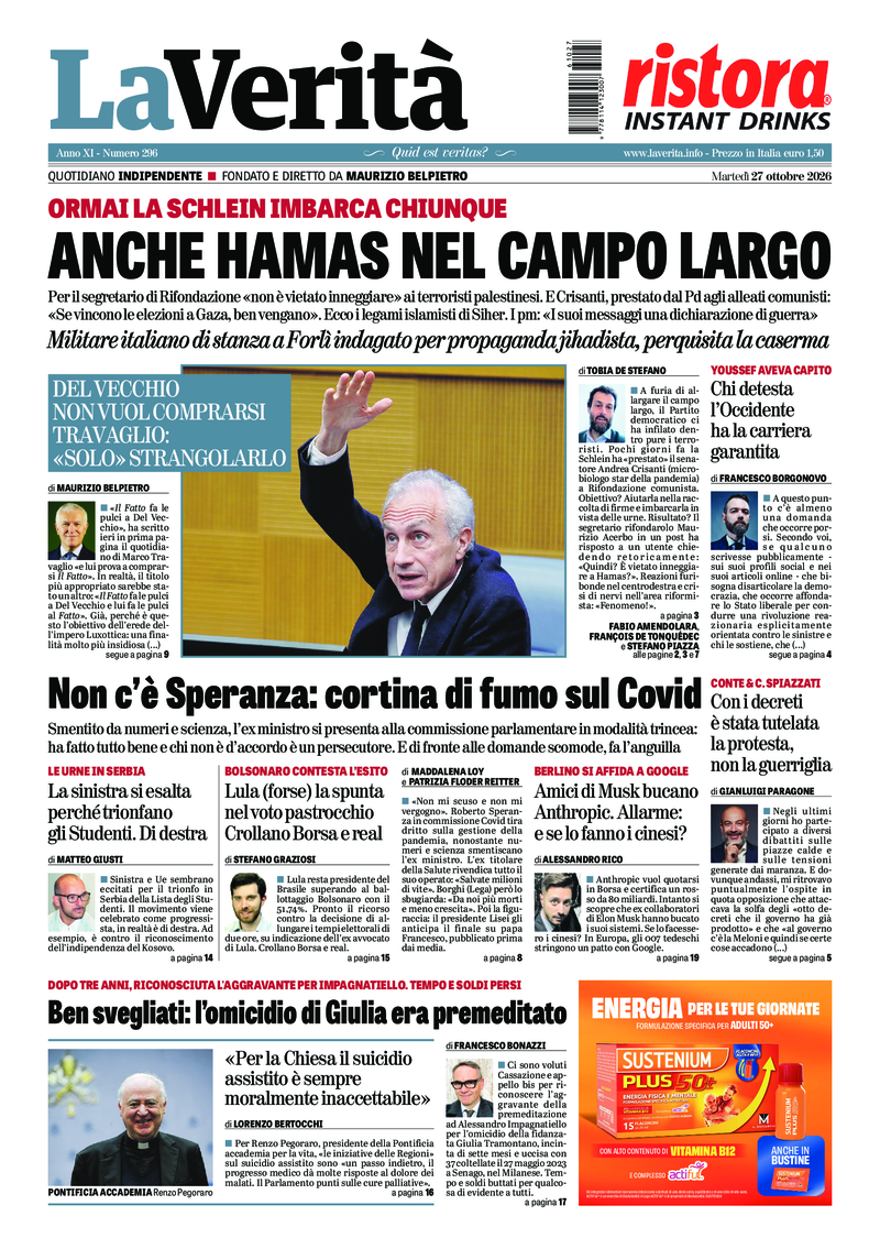 La prima pagina de La Verità di martedì 27 ottobre 2026
