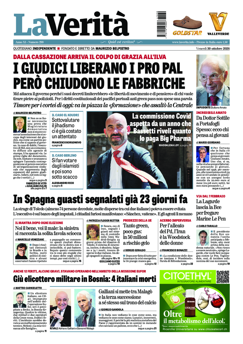 La prima pagina de La Verità di venerdì 30 ottobre 2026