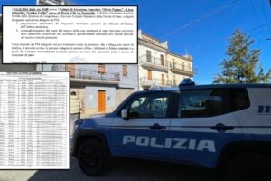 Fotografia della casa di Pietracatella legata alle indagini sulla morte di madre e figlia, sovrapposta a un documento ufficiale della Polizia di Stato datato 9 ottobre 2026 riguardante perquisizioni informatiche all'Istituto Mario Pagano di Riccia