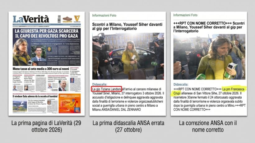 Confronto tra la prima pagina del quotidiano e i lanci dell'agenzia ANSA con didascalia errata e successiva correzione del nome del pm Francesca Crupi