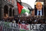 Manifestazione pro Palestina a Bologna del 10 ottobre 2026, con riquadro del generale Antonio Li Gobbi