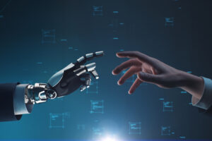 Rendering 3D di una mano umana e di una mano robotica che si incontrano