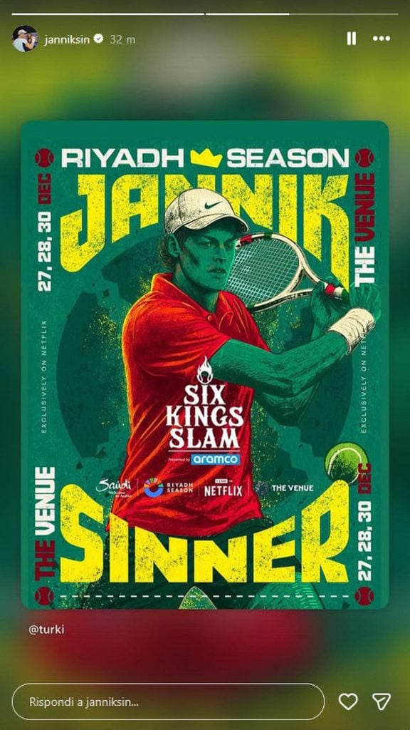 annik Sinner annuncia in una storia Instagram il ritorno in campo al Six Kings Slam 2026 a Riyadh